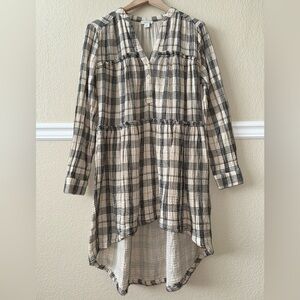 Sundance 100% Cotton Gauze Plaid Tunic Dress V Neck Cream Black Size Small